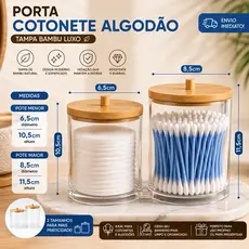Kit Porta Algodão e Cotonete em Acrílico Tampa Bambu Higiênico Banheiro Lavabo Original Luxo