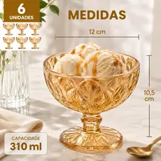 Kit Jogo 6 Peças Taça Coquetel Vidro Borda Dourada 310ml Cozinha Sobremesa Casa Restaurante