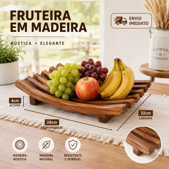 Fruteira De Madeira Rústica 32x28 Centro de Mesa Madeira Pinos Cesta de Frutas ou Porta Pratos