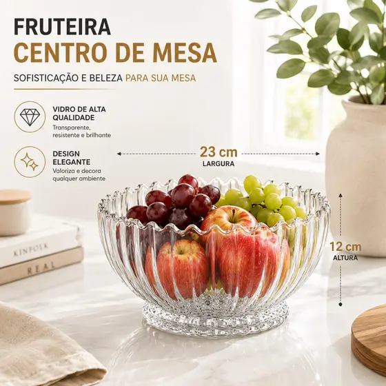 Fruteira Centro de Mesa Vidro Lapidado Cristal 12x23cm Redondo Vidro Redondo Alto Geneva Vidro Grande