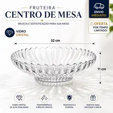 Fruteira Centro de Mesa Vidro Lapidado Cristal Redondo Geneva Grande 32cm Transparente Luxo Wol