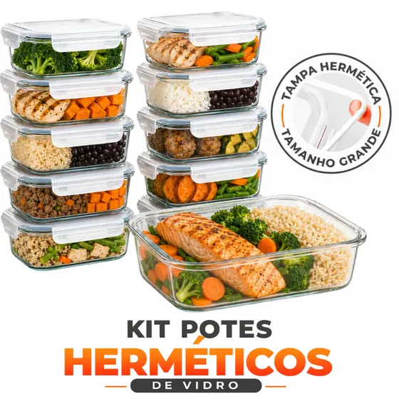 Kit Conjunto de Potes de Vidro 640ml Para Marmita Fitness Forno Microondas Airfryer Pote Hermético