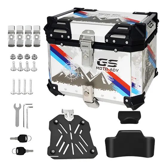 Baú Bauleto 45L Alumínio Reforçado Kit Completo Base de Fixação Universal Acessório Moto