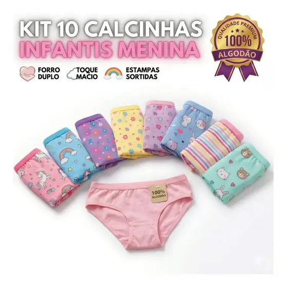 Kit 10 Calcinha Infantil Premium Feminina Forro Algodão De Menina Microfibra Criança Bebê Garota 2 à 10 anos