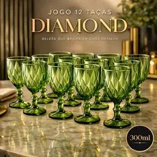 Jogo 12 Taças Diamond Verde 300ml Vidro Elegante Sofisticado Diamante Vinho Água Sofisticada