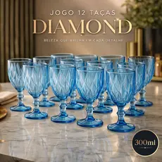 Jogo 12 Taças Diamond Azul 300ml Vidro Elegante Sofisticado Azul Copo Moderno
