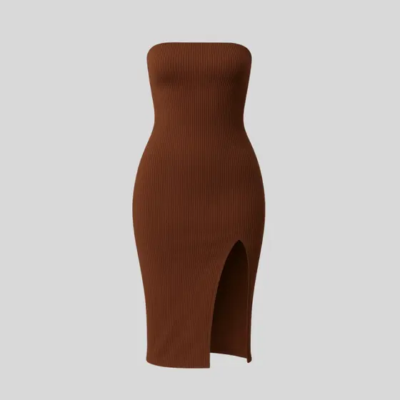 Vestido Midi Feminino Tomara Que Caia Canelado Premium com Fenda Moda Elegante