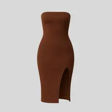 Vestido Midi Feminino Tomara Que Caia Canelado Premium com Fenda Moda Elegante