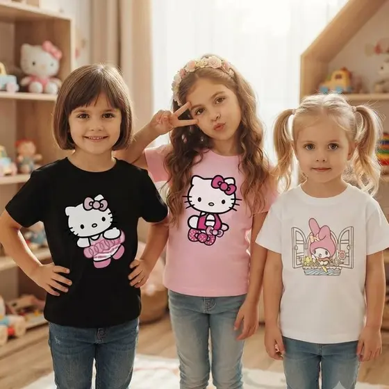 Kit 3 Camiseta Kids He.llo Ki-tty Gatinha Meninas Confortável Tecido 100% Algodão