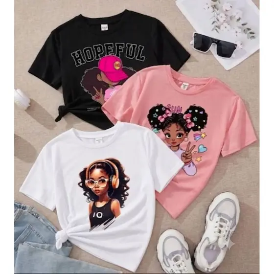 Kit 3 Camisetinha Kids Infantil Feminina Delicada 100% Algodão Tendência Meninas Estilo