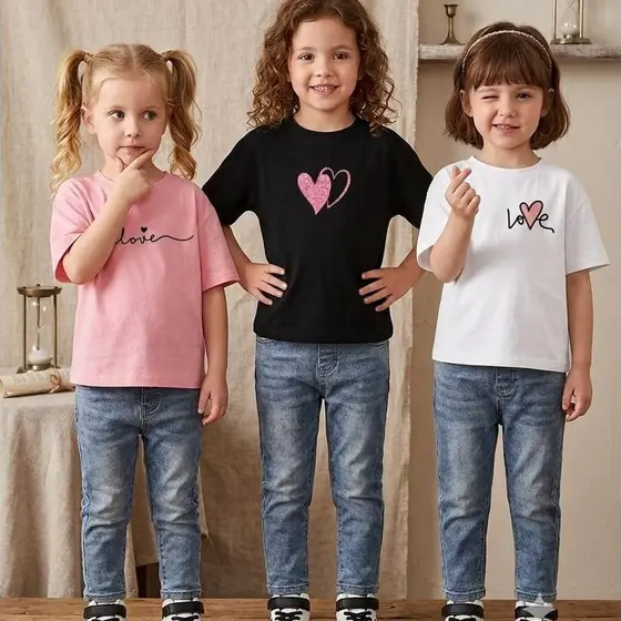 Kit 3 Camiseta Feminina Infantil Estampa Corações Love | Tecido respirável 100% Algodão