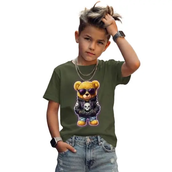 Camisa Infantil Urso  Estiloso Rock Caveira Camiseta 100% Algodão Tecido Leve Premium