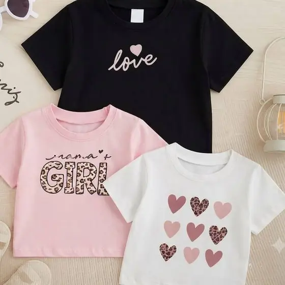 Kit 3 Blusa Básica Criança Menina Coração Love 100% Algodão Tendência Oncinha