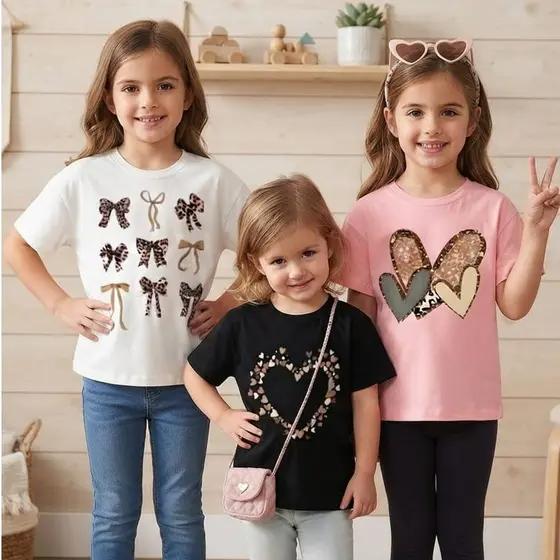 Kit 3 Camisetas Infantil Meninas Estampada Laço Coração Delicada Blogueira 100% Algodão