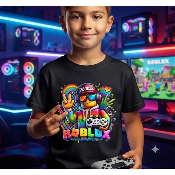 Camiseta Estampada Infantil Game Roblox Premium Tecido Confortável 100% Algodão