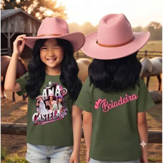 Camiseta InfantilModa Cowntry Castela Boiadeira Rodeio Chapéu Tecido 100% Algodão