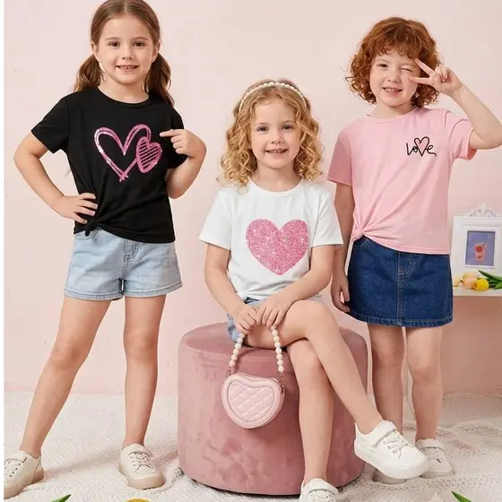 Kit 3 Camisa Feminina Infantil Básica Coração Love Casual Moda Tecido Confortável 100% Algodão
