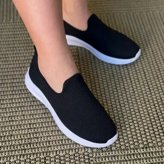 Tênis Feminino Slip On Meia Preto Leve Confortável Academia Caminhada