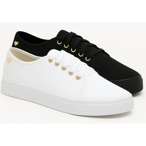 Tênis Feminino Pingente Coração Casual Confortável Branco Preto