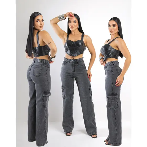 Cal莽a Feminina Wide Leg Cargo Jeans Cintura Alta Com Lycra
