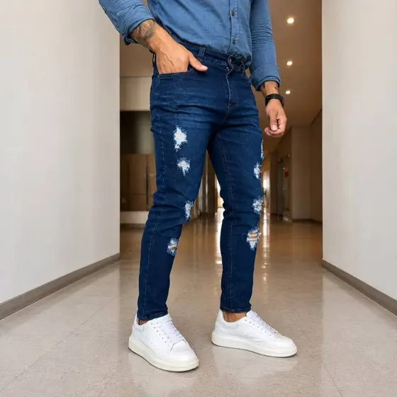 Calça Masculina Jeans Skinny Premium Lycra Elastano escura rasgada