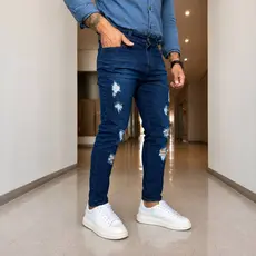 Calça Masculina Jeans Skinny Premium Lycra Elastano escura rasgada