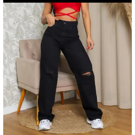 calça jeans wide leg cintura alta preto black com rasgo no joelho