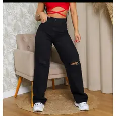 calça jeans wide leg cintura alta preto black com rasgo no joelho