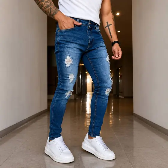 Calça Masculina Jeans Skinny Premium Lycra Elastano rasgada clara