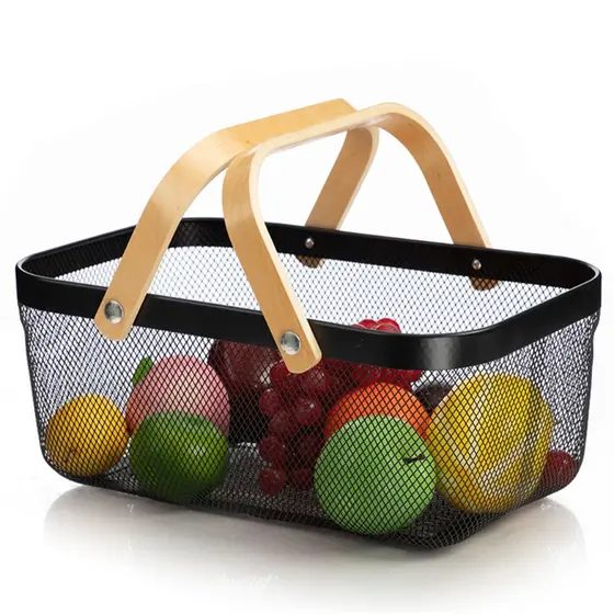 Cesto plástico Organizador Para Frutas Telado Retangular Fruteira de plastico Com Alça De Madeira multiuso