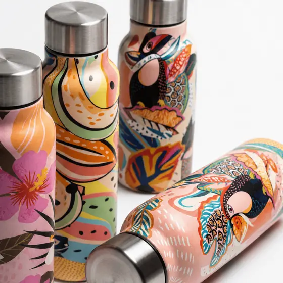 Garrafa de água Inox fwb estampada Floral e elementos Tropicais de Água 800 ml /Garrafa térmica Aço Inox