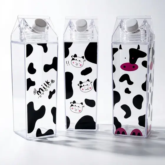 Garrafa Leite 1000ml Estilo Caixa Milk com Tampa Rosca Portátil Reutilizável Transparente Estampa Vaca