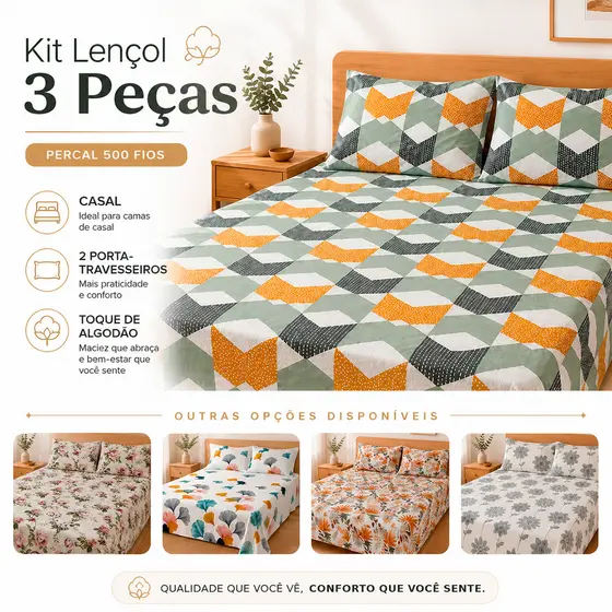 Kit 3 Pçs Cobre Leito Lençol Casal Micro Percal Luxo Macio Premium Toque De Algodão