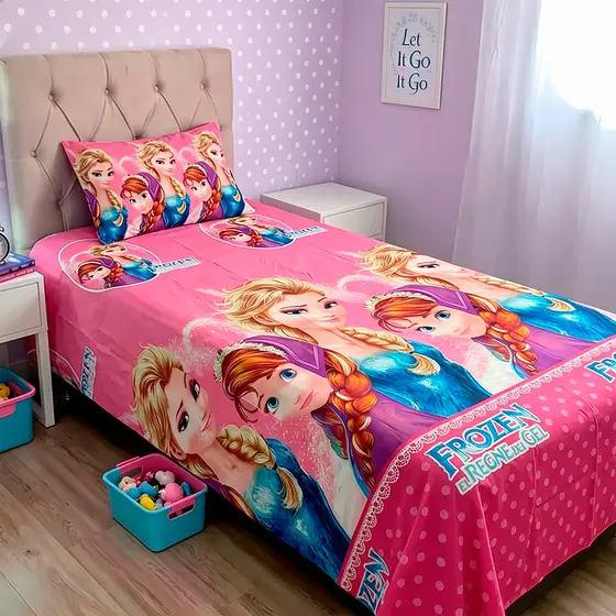 Kit Lençol Infantil Frozen Com Porta Travesseiro Solteiro