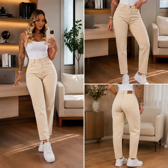 Calça Mom Jeans Feminina 100% Algodão Cintura Alta Premium