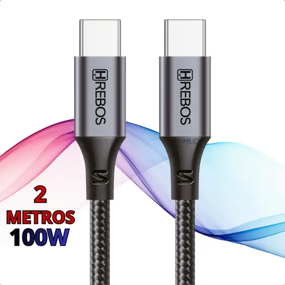 Cabo Tipo-C Turbo 100W - 2 Metros Celular Notebook Macbook Carregador e Transferência de Dados 3.1A