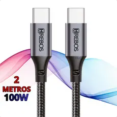 Cabo Tipo-C Turbo 100W - 2 Metros Celular Notebook Macbook Carregador e Transferência de Dados 3.1A