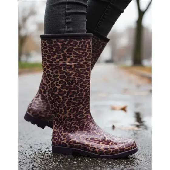 Bota Borracha Galocha Feminina Impermeável Calfor Pampeana Donna Onça Cano Alto