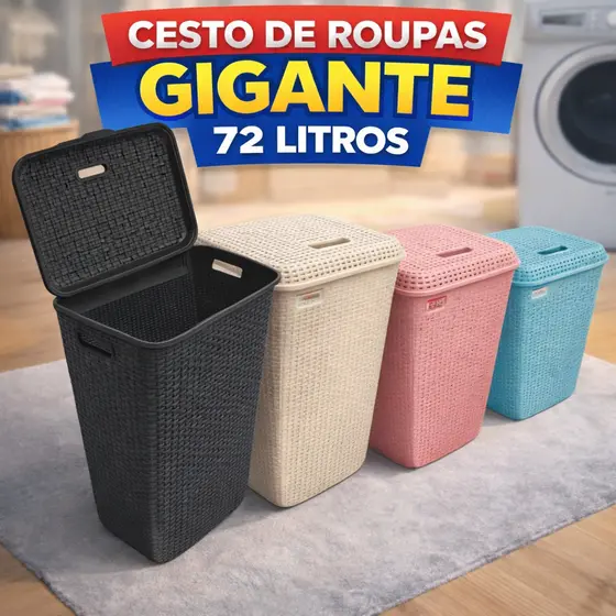 Cesto Roupeiro de Roupa Suja com Tampa 72 Litros Balde para Lavanderia Banheiro Multiuso Grande Família