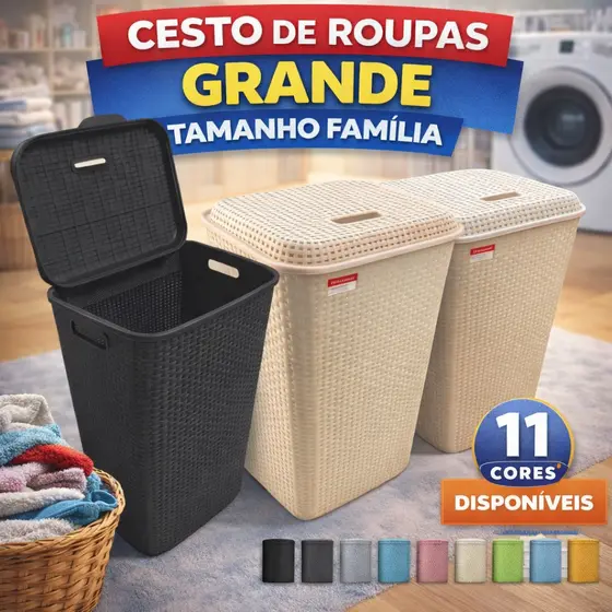 Cesto De Roupa Suja Balde Roupeiro Grande 72L Resistente Lavanderia Tampa Organizador Roupas Banheiro Família