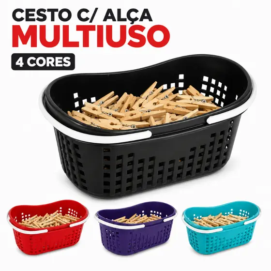 Cesto C/ Alça Plástico Resistente Multiuso Prendedor de Roupa Copa Casa Banheiro Lavanderia