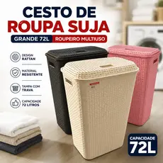 Cesto Balde de Roupa Suja Grande 72L Rattan Roupeiro Organizador para Lavanderia Banheiro Família Casa Premium