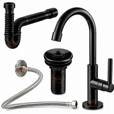 Kit Banheiro Luxo Torneira Lavatório Preta + Válvula Lavatório + Sifão Flexível Universal + Engate Trançado Em Inox