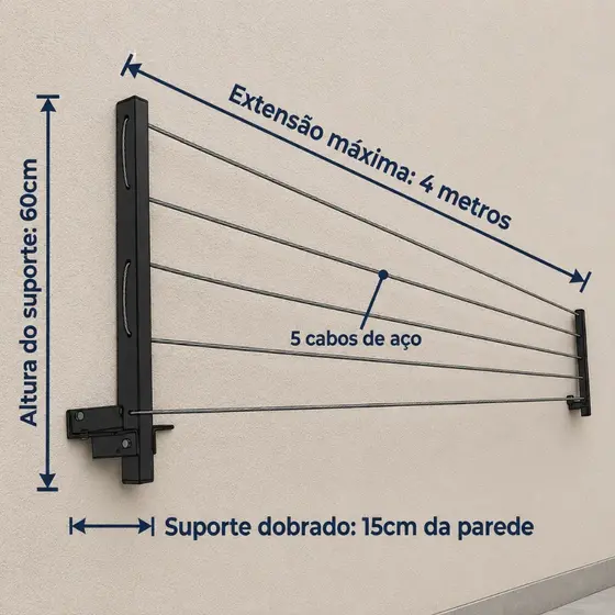 Varal Mágico de Parede Retrátil Ferro 80kg Prático e Discreto