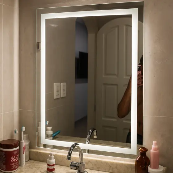 Espelho Retangular 80x50cm Jateado 3 Cores LED Touch Decorativo Banheiro Quarto Corredor