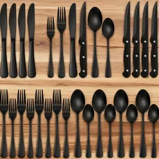 Conjunto de talheres de aço inoxidável preto de 24 peças, conjunto de talheres de qualidade alimentar.