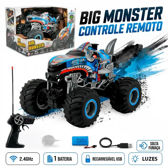Carrinho Controle Remoto Big Monster 4x4 com Luzes e Solta Fumaça Led Recarregavel