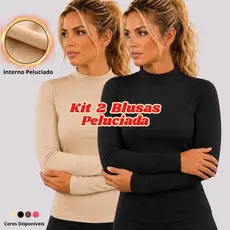 Kit 2 Blusa Feminina Peluciada Térmica Inverno Segunda Pele Suplex Gola Média Camiseta Manga Longa