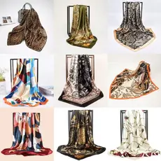 【Grande lenço quadrado de cetim da moda 90×90】Festa Praia Verão Echarpe Bandana Seda Blogueira Cabelo Bolsa Top