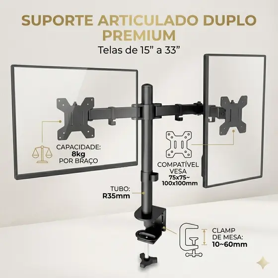 Suporte ajustável para dois monitores, de 13 a 32 polegadas, preto.